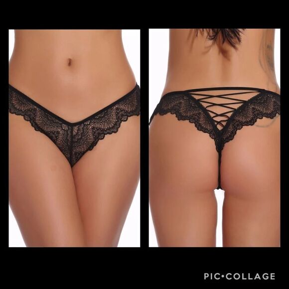 Other - Black Floral Lace Strappy Ladderback Hipster Panty